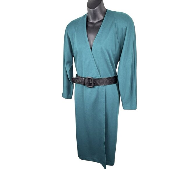 VTG 80s Wrap Midi Dress Belted Long Sleeve V Neck Shoulder Pads Teal Women’s 12 - Picture 1 of 16